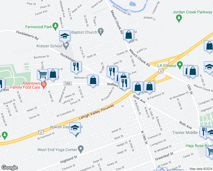map of restaurants, bars, coffee shops, grocery stores, and more near 2028 Walbert Avenue in Allentown