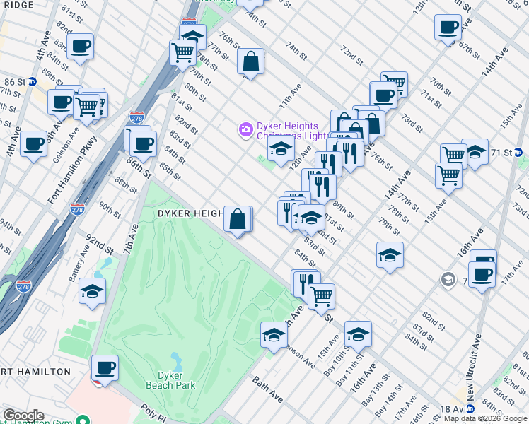 map of restaurants, bars, coffee shops, grocery stores, and more near 8305 12th Avenue in Brooklyn