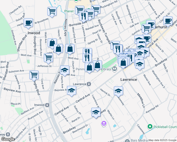 map of restaurants, bars, coffee shops, grocery stores, and more near 212 Mill Street in Lawrence
