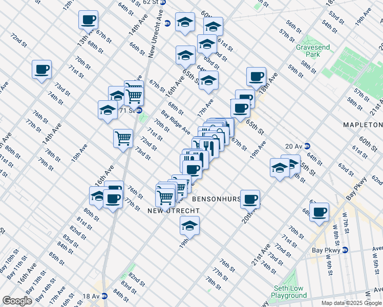 map of restaurants, bars, coffee shops, grocery stores, and more near 1744 70th Street in Brooklyn