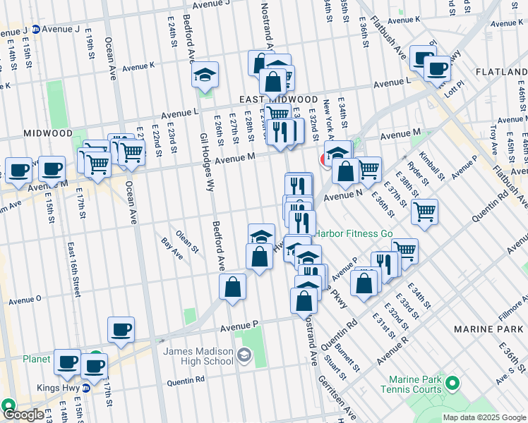 map of restaurants, bars, coffee shops, grocery stores, and more near 1401 East 28th Street in Brooklyn