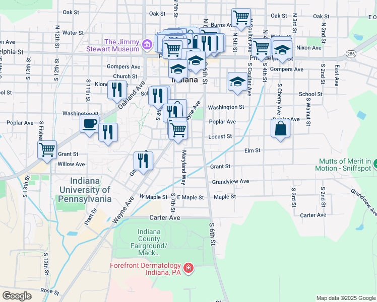 map of restaurants, bars, coffee shops, grocery stores, and more near 647 Clark Avenue in Indiana