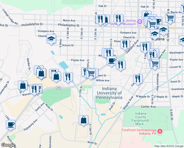 map of restaurants, bars, coffee shops, grocery stores, and more near 1206 Oakland Avenue in Indiana