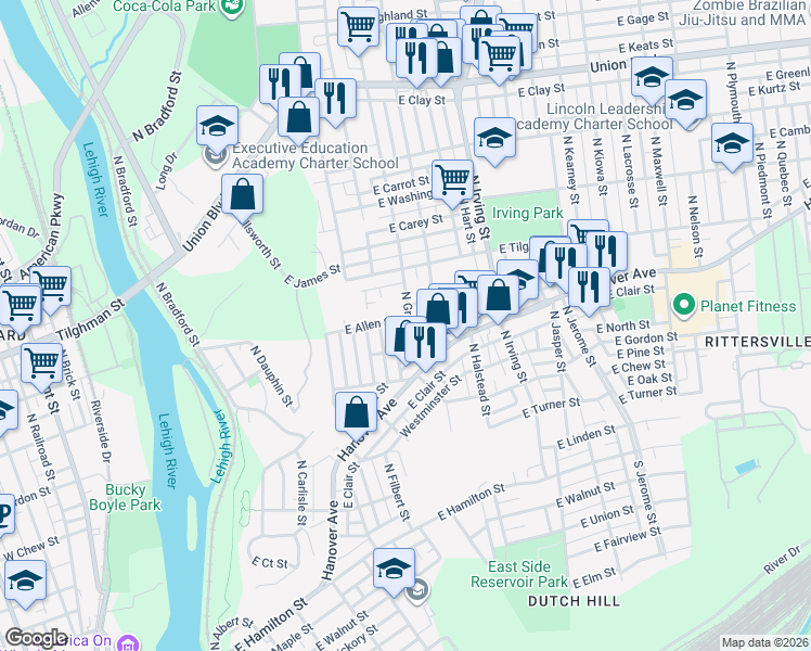 map of restaurants, bars, coffee shops, grocery stores, and more near 724 East Allen Street in Allentown