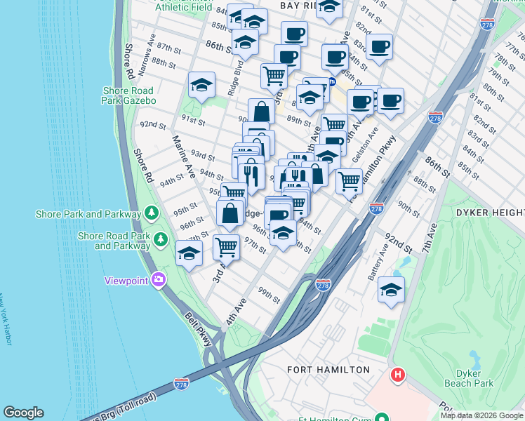 map of restaurants, bars, coffee shops, grocery stores, and more near 329 95th Street in Brooklyn