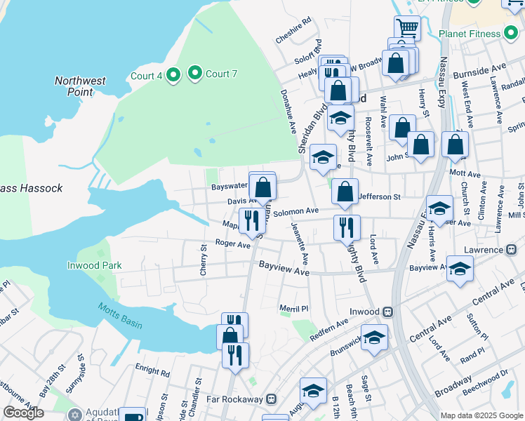 map of restaurants, bars, coffee shops, grocery stores, and more near 205 Sheridan Boulevard in Inwood