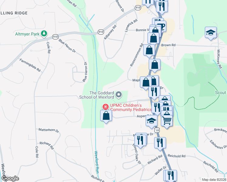 map of restaurants, bars, coffee shops, grocery stores, and more near 160 Maple Drive in Wexford