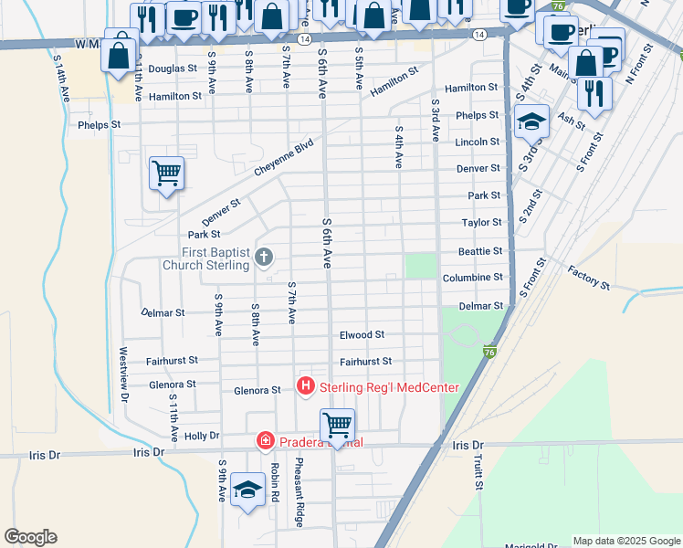 map of restaurants, bars, coffee shops, grocery stores, and more near 524 Columbine Street in Sterling