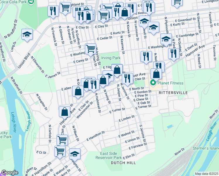 map of restaurants, bars, coffee shops, grocery stores, and more near 918 Hanover Avenue in Allentown