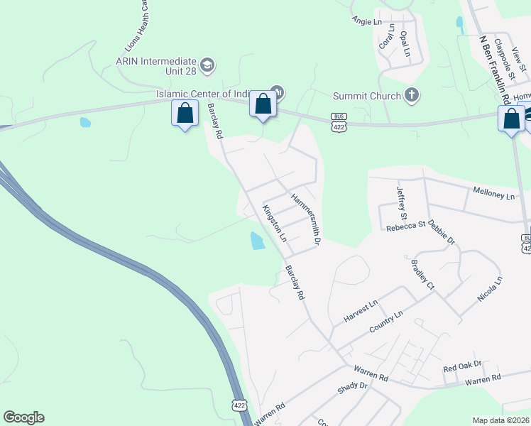 map of restaurants, bars, coffee shops, grocery stores, and more near 220 Kingston Lane in Indiana
