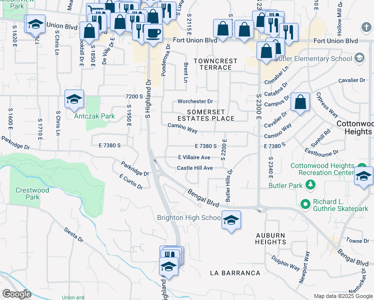 map of restaurants, bars, coffee shops, grocery stores, and more near 2102 Lonsdale Drive in Cottonwood Heights