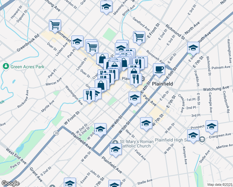 map of restaurants, bars, coffee shops, grocery stores, and more near 215 West 2nd Street in Plainfield