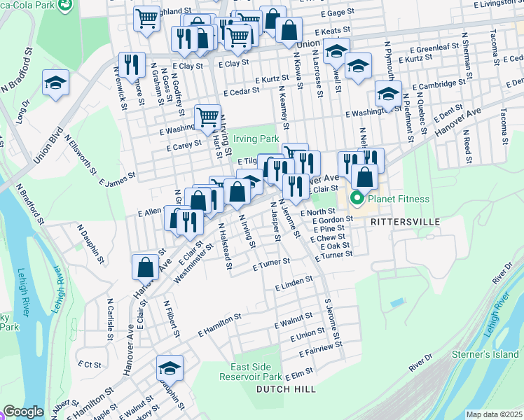map of restaurants, bars, coffee shops, grocery stores, and more near 934 Hanover Avenue in Allentown