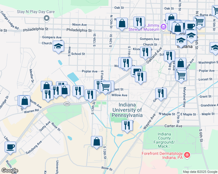 map of restaurants, bars, coffee shops, grocery stores, and more near Oakland Avenue in Indiana