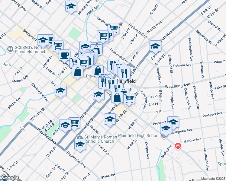map of restaurants, bars, coffee shops, grocery stores, and more near 111 East 5th Street in Plainfield