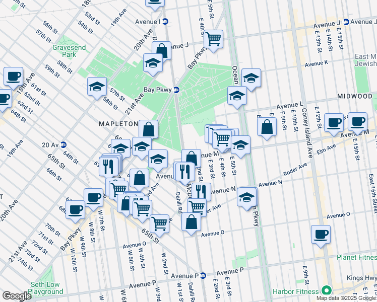 map of restaurants, bars, coffee shops, grocery stores, and more near 1481 McDonald Avenue in Brooklyn