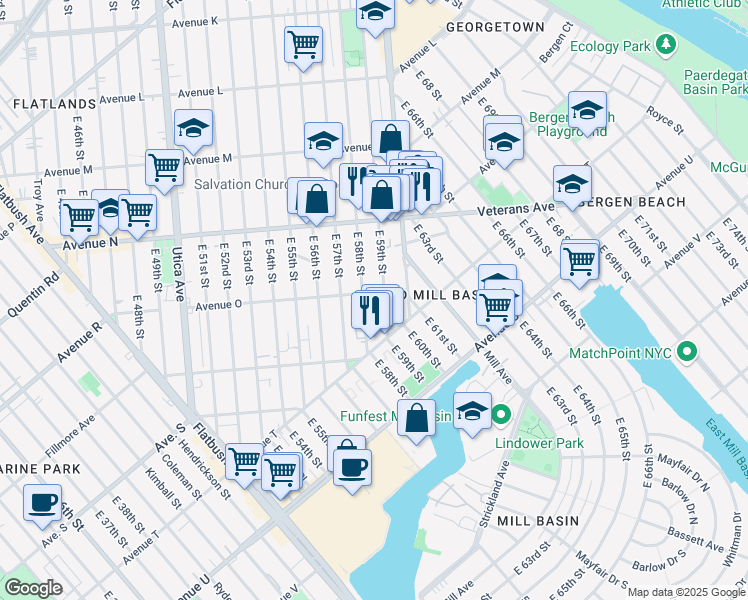 map of restaurants, bars, coffee shops, grocery stores, and more near 5812 Avenue O in Brooklyn