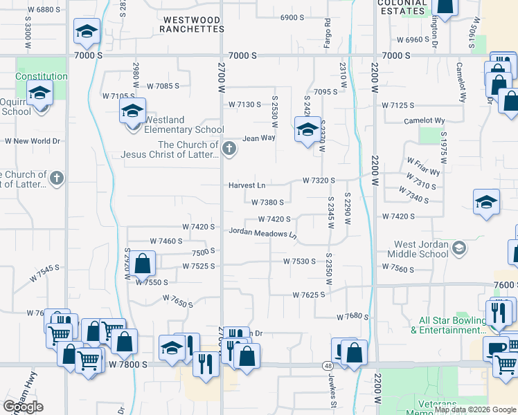 map of restaurants, bars, coffee shops, grocery stores, and more near 2577 West 7380 South in West Jordan