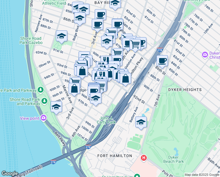 map of restaurants, bars, coffee shops, grocery stores, and more near 9229 5th Avenue in Brooklyn