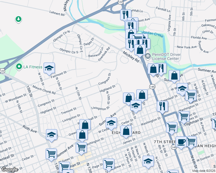 map of restaurants, bars, coffee shops, grocery stores, and more near 923 Highland Street in Fullerton