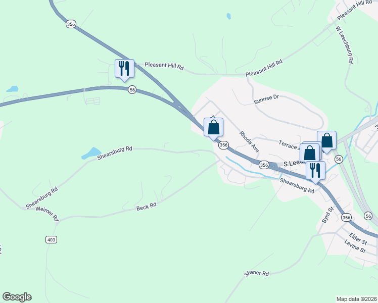 map of restaurants, bars, coffee shops, grocery stores, and more near 6198 Shearsburg Road in Leechburg