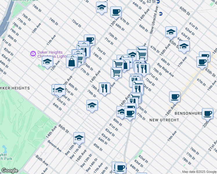 map of restaurants, bars, coffee shops, grocery stores, and more near 7606 15th Avenue in Brooklyn