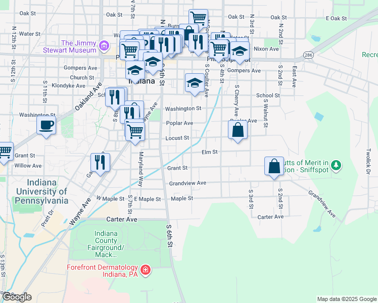 map of restaurants, bars, coffee shops, grocery stores, and more near 496 South 5th Street in Indiana