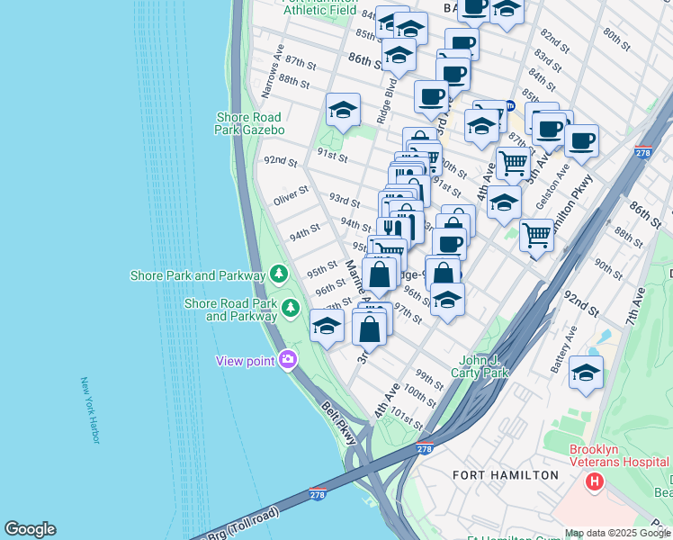 map of restaurants, bars, coffee shops, grocery stores, and more near 150 95th Street in Brooklyn