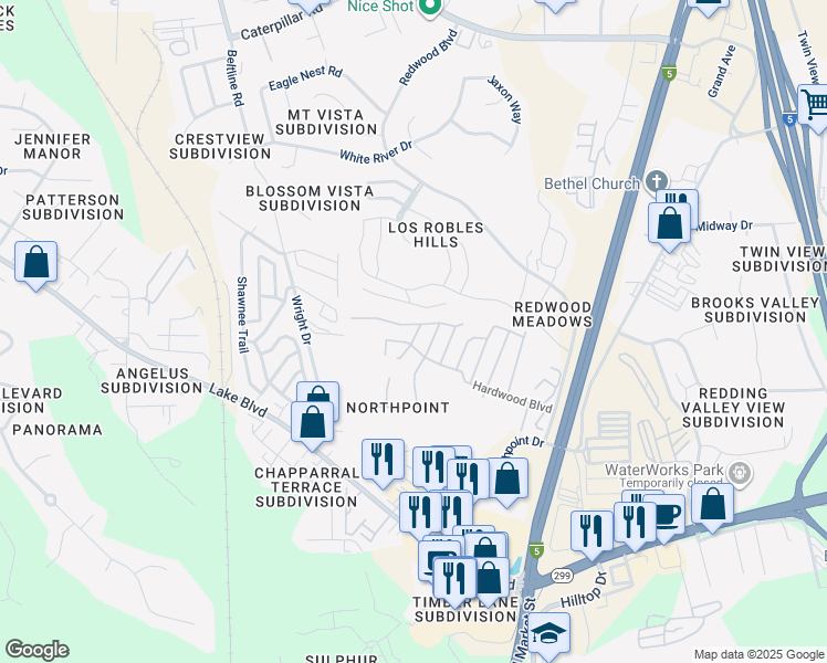 map of restaurants, bars, coffee shops, grocery stores, and more near 494 Logwood Drive in Redding