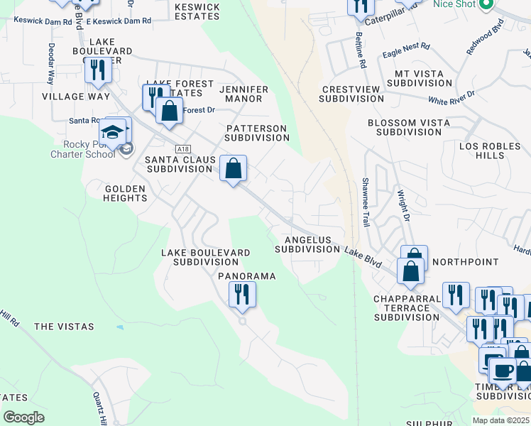 map of restaurants, bars, coffee shops, grocery stores, and more near 740 Lake Boulevard in Redding