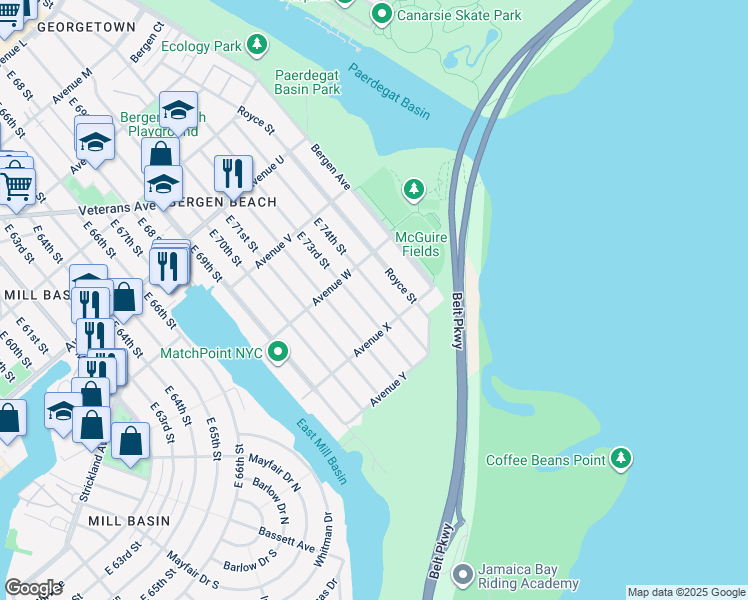 map of restaurants, bars, coffee shops, grocery stores, and more near 2352 East 74th Street in Brooklyn