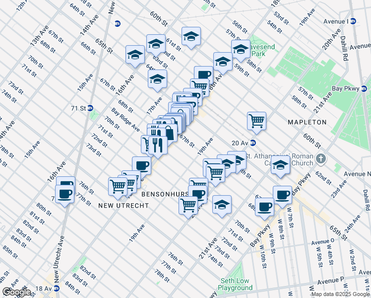 map of restaurants, bars, coffee shops, grocery stores, and more near 1843 68th Street in Brooklyn