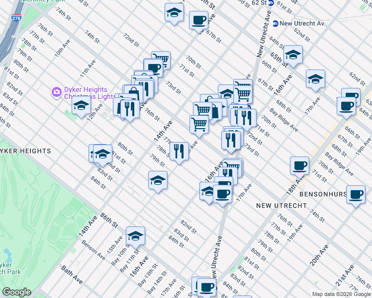 map of restaurants, bars, coffee shops, grocery stores, and more near 7606 15th Avenue in Brooklyn