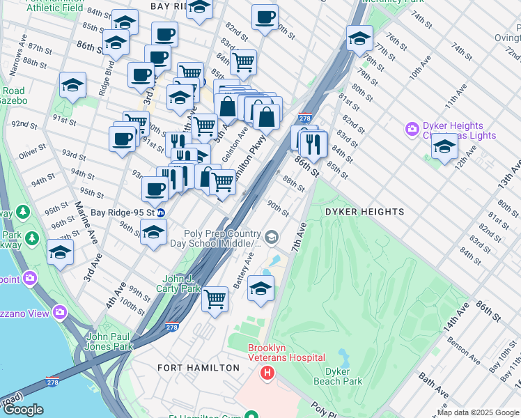 map of restaurants, bars, coffee shops, grocery stores, and more near 105 Dahlgren Place in Brooklyn