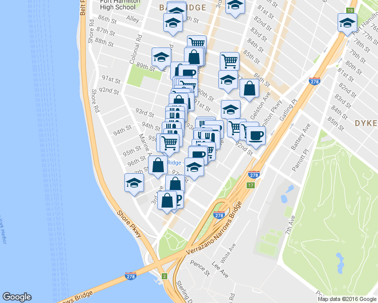 map of restaurants, bars, coffee shops, grocery stores, and more near 329 95th Street in Brooklyn