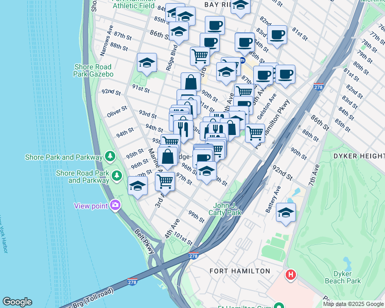 map of restaurants, bars, coffee shops, grocery stores, and more near 329 95th Street in Brooklyn
