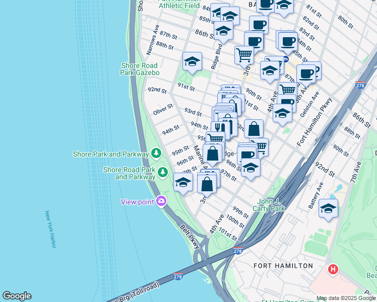 map of restaurants, bars, coffee shops, grocery stores, and more near 143 95th Street in Brooklyn