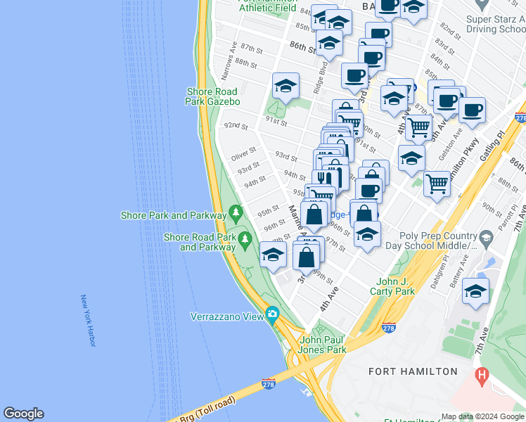 map of restaurants, bars, coffee shops, grocery stores, and more near 143 95th Street in Brooklyn