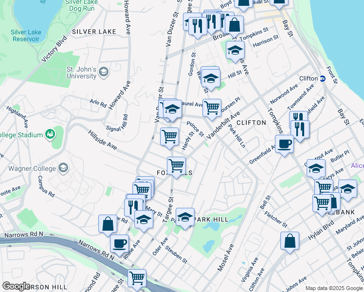 map of restaurants, bars, coffee shops, grocery stores, and more near 82 Irving Place in Staten Island