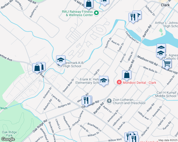 map of restaurants, bars, coffee shops, grocery stores, and more near 98 Stonehenge Terrace in Clark