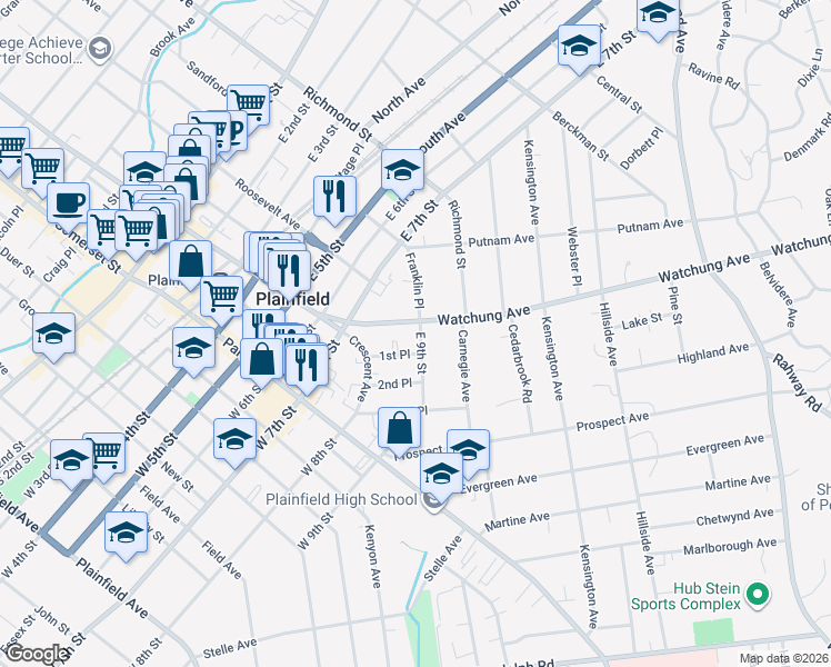 map of restaurants, bars, coffee shops, grocery stores, and more near 734 Watchung Avenue in Plainfield