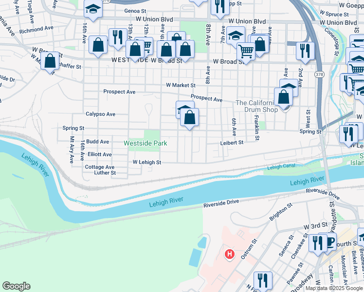 map of restaurants, bars, coffee shops, grocery stores, and more near 254 10th Avenue in Bethlehem