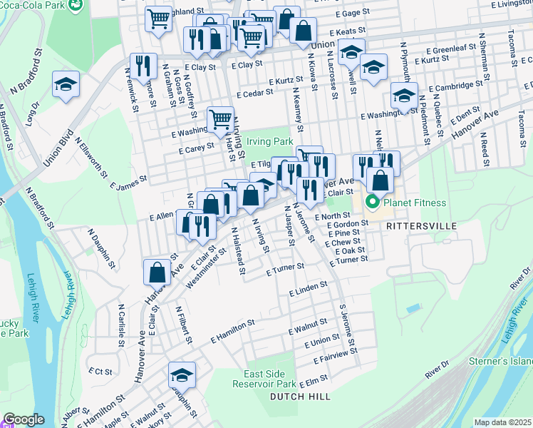 map of restaurants, bars, coffee shops, grocery stores, and more near 918 Hanover Avenue in Allentown