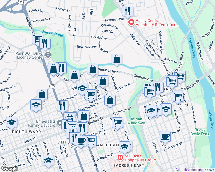 map of restaurants, bars, coffee shops, grocery stores, and more near 399 Greenleaf Street in Allentown