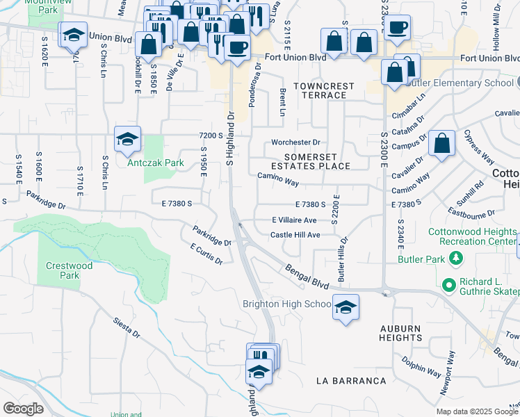 map of restaurants, bars, coffee shops, grocery stores, and more near 7391 Viscayne Drive in Salt Lake City
