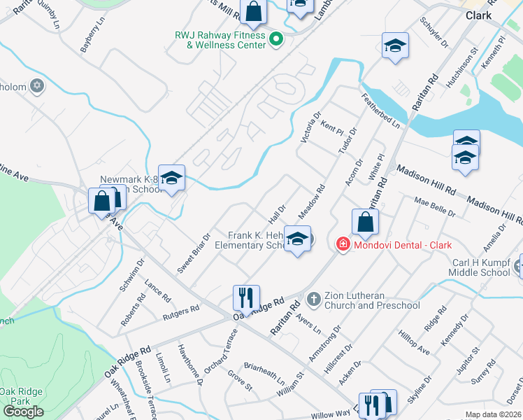 map of restaurants, bars, coffee shops, grocery stores, and more near 98 Stonehenge Terrace in Clark