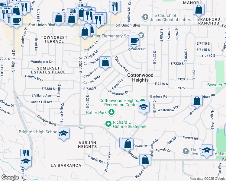map of restaurants, bars, coffee shops, grocery stores, and more near 7375 Sunhill Rd in Cottonwood Heights