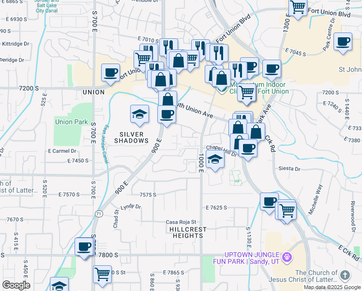map of restaurants, bars, coffee shops, grocery stores, and more near 7393 Shelby View Drive in Midvale