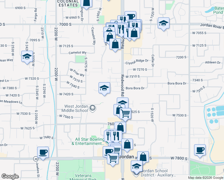map of restaurants, bars, coffee shops, grocery stores, and more near 7410 South Redwood Road in West Jordan