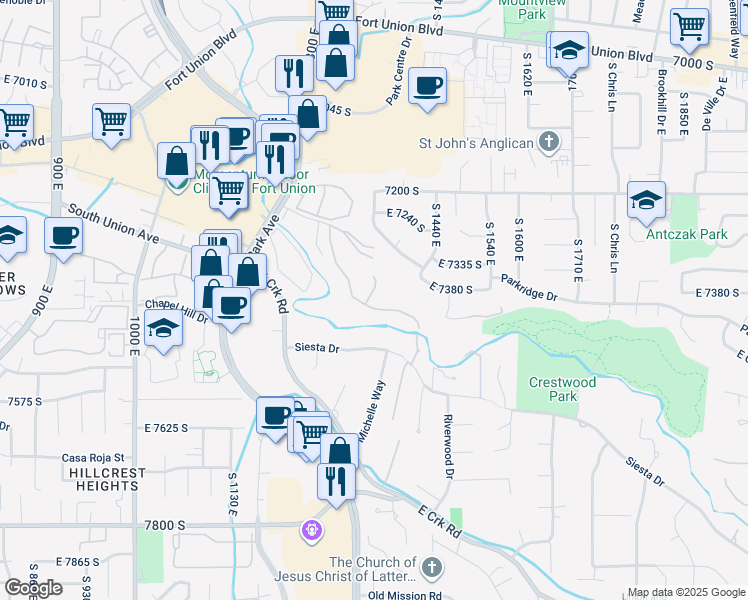 map of restaurants, bars, coffee shops, grocery stores, and more near 1315 Milne Lane in Cottonwood Heights
